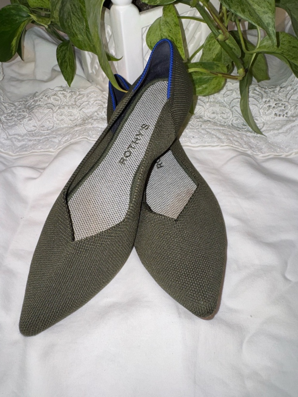 Rothy's Olive Green Pointed Toe Flats with Blue Trim